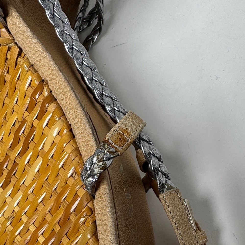 PRADA Woven Wicker Wedge Sandals Metallic Silver Braided Strap 4.5" Heel BOHO 38 - Picture 6 of 16